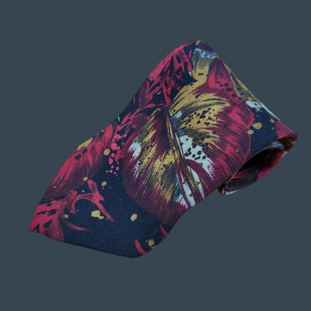 Men's Vintage Bellini Silk Tie With Bold Red & Gold Abstract Leaf Pattern